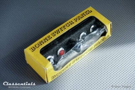 Vintage Original BONNE 1960s Metal Dashboard Switch Panel with Two Switches, Lamps and 6-12 Volt Socket Classentials Motoring Essentials classic car oldtimer accessory accessories