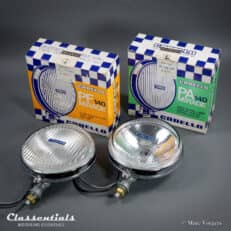 SOLD to Portugal: CARELLO PF140 / PA140 Vintage Original Fog / Spot Lamp 'Continental Set' with Covers, Alfa Romeo, Fiat, Lancia and Others - NEW IN BOX!